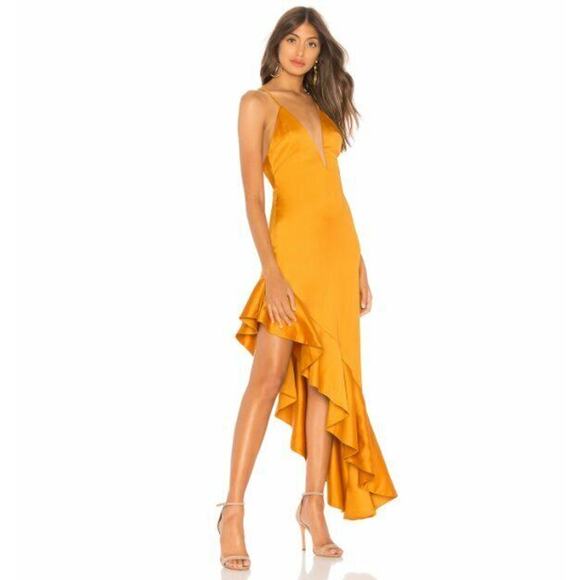 $198 NBD Sunset Golden Yellow That Love Satin Asymmetric Ruffle Gown XS NWT - Picture 2 of 11